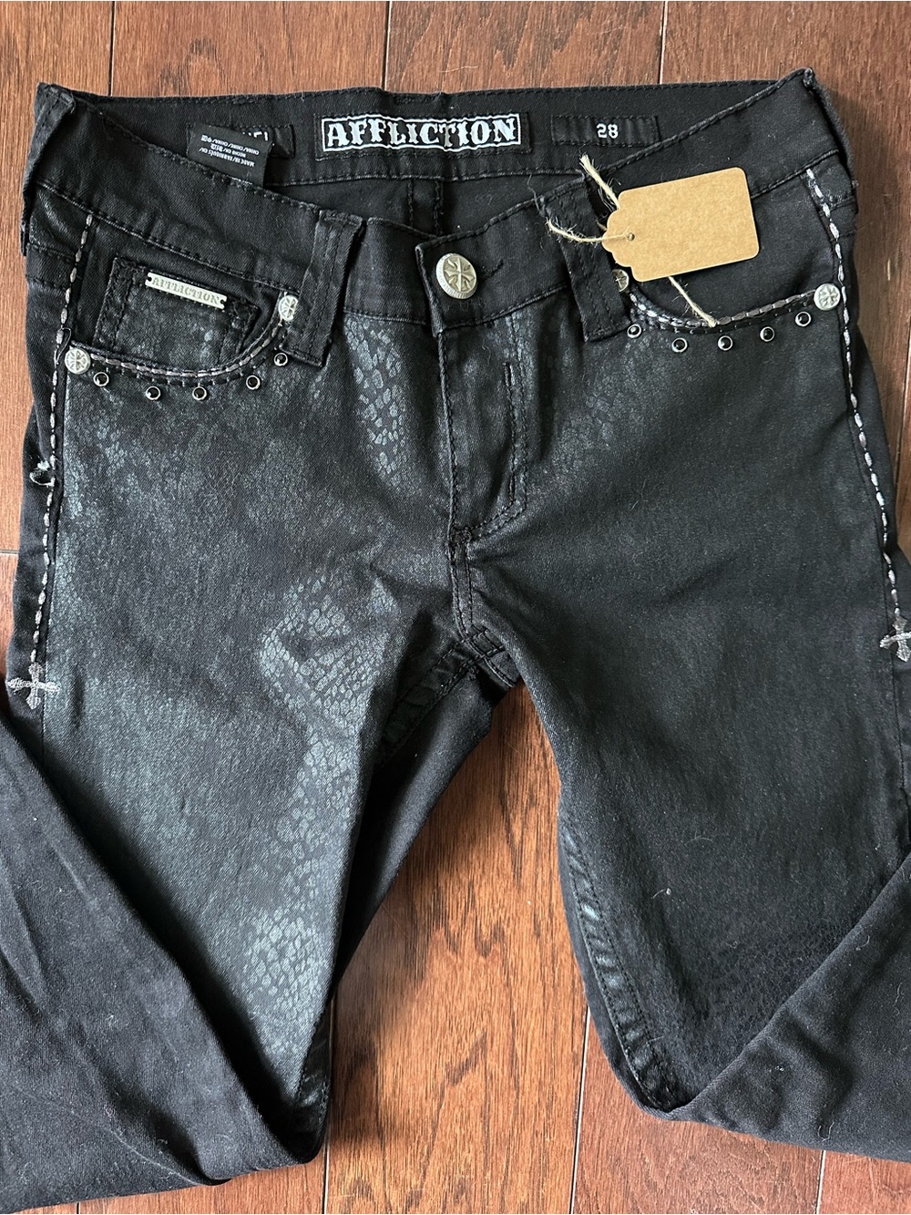 Affliction Black Embellished skinny Jeans with Stud and Snake Print